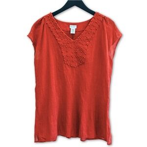 Boho Burnt Orange Textured V-Neck Tunic with Beaded Yoke Cowgirl Chic Size Large
